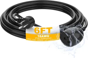 6FT Waterproof Outdoor Extension Cord,IPX6 Waterproof,Cold Weather & Fireproof,Heavy Duty 3 Prong Cable,18AWG 125V 10A,FCC/ETL Certified