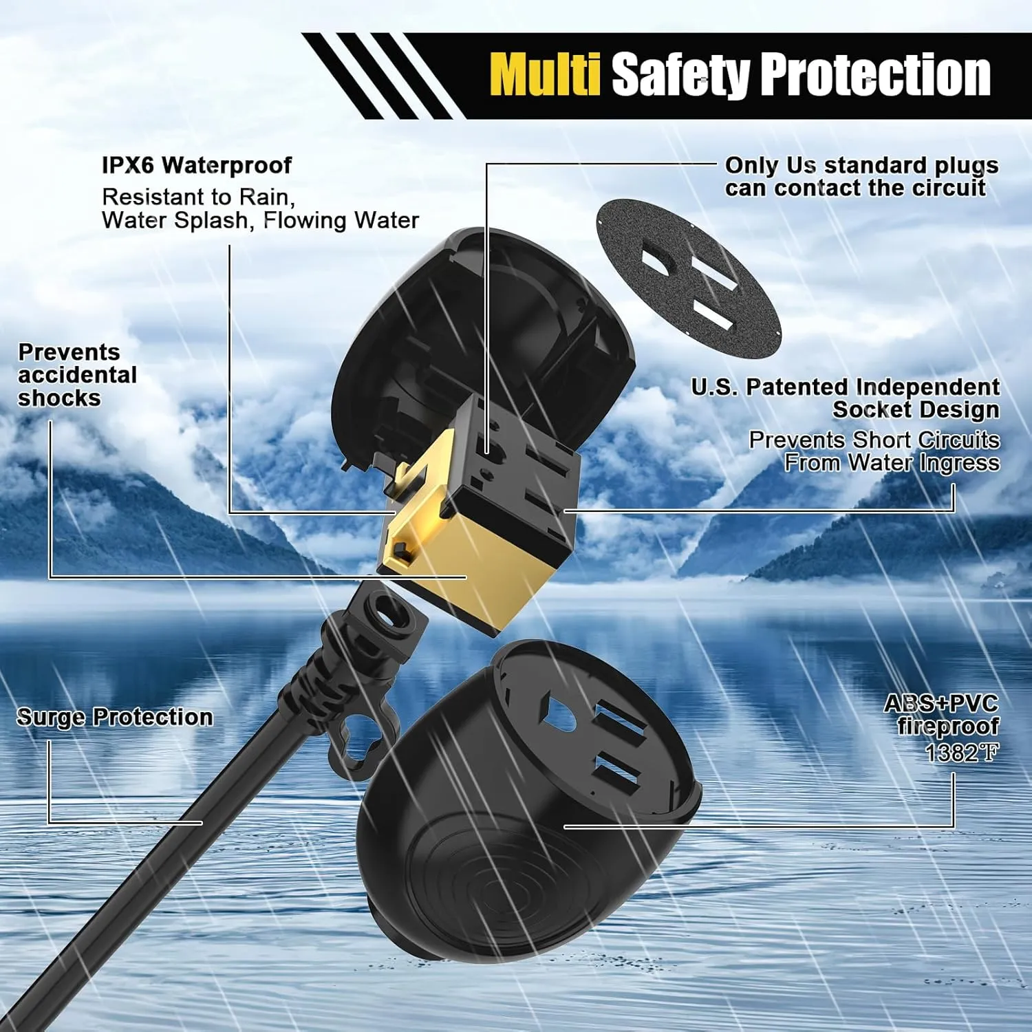 6FT Waterproof Outdoor Extension Cord,IPX6 Waterproof,Cold Weather & Fireproof,Heavy Duty 3 Prong Cable,18AWG 125V 10A,FCC/ETL Certified