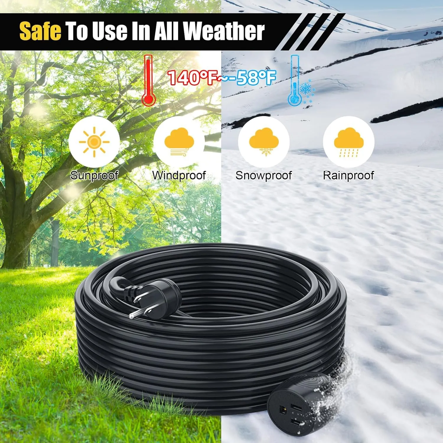 6FT Waterproof Outdoor Extension Cord,IPX6 Waterproof,Cold Weather & Fireproof,Heavy Duty 3 Prong Cable,18AWG 125V 10A,FCC/ETL Certified