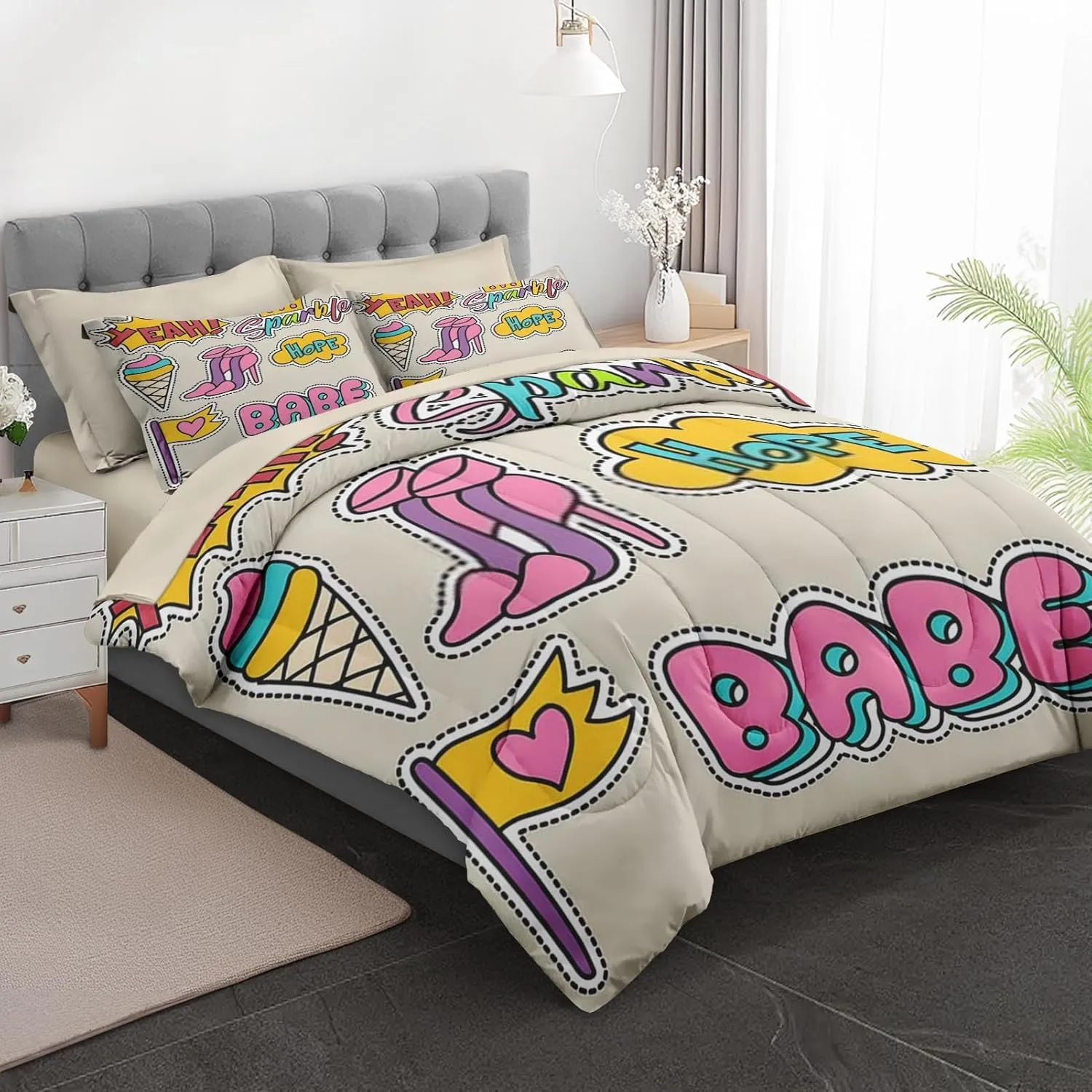 7 Pcs Comforter Set Queen Size, Cute Love Retro Bed in a Bag with Flat and Fitted Sheet for Kids and Adults, Happy Diamond Rainbow Bedding Set with 2 Pillowcases & 2 Shams