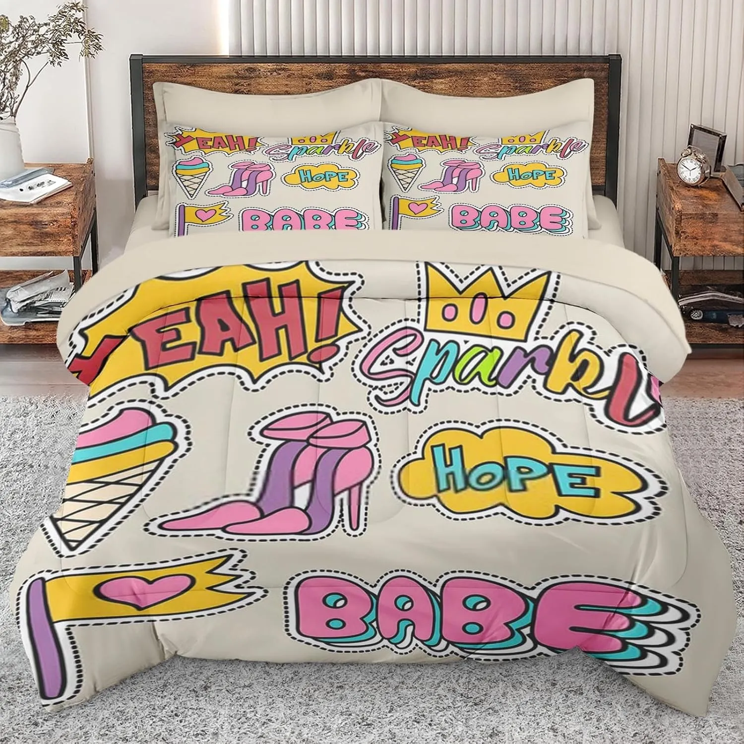 7 Pcs Comforter Set Queen Size, Cute Love Retro Bed in a Bag with Flat and Fitted Sheet for Kids and Adults, Happy Diamond Rainbow Bedding Set with 2 Pillowcases & 2 Shams