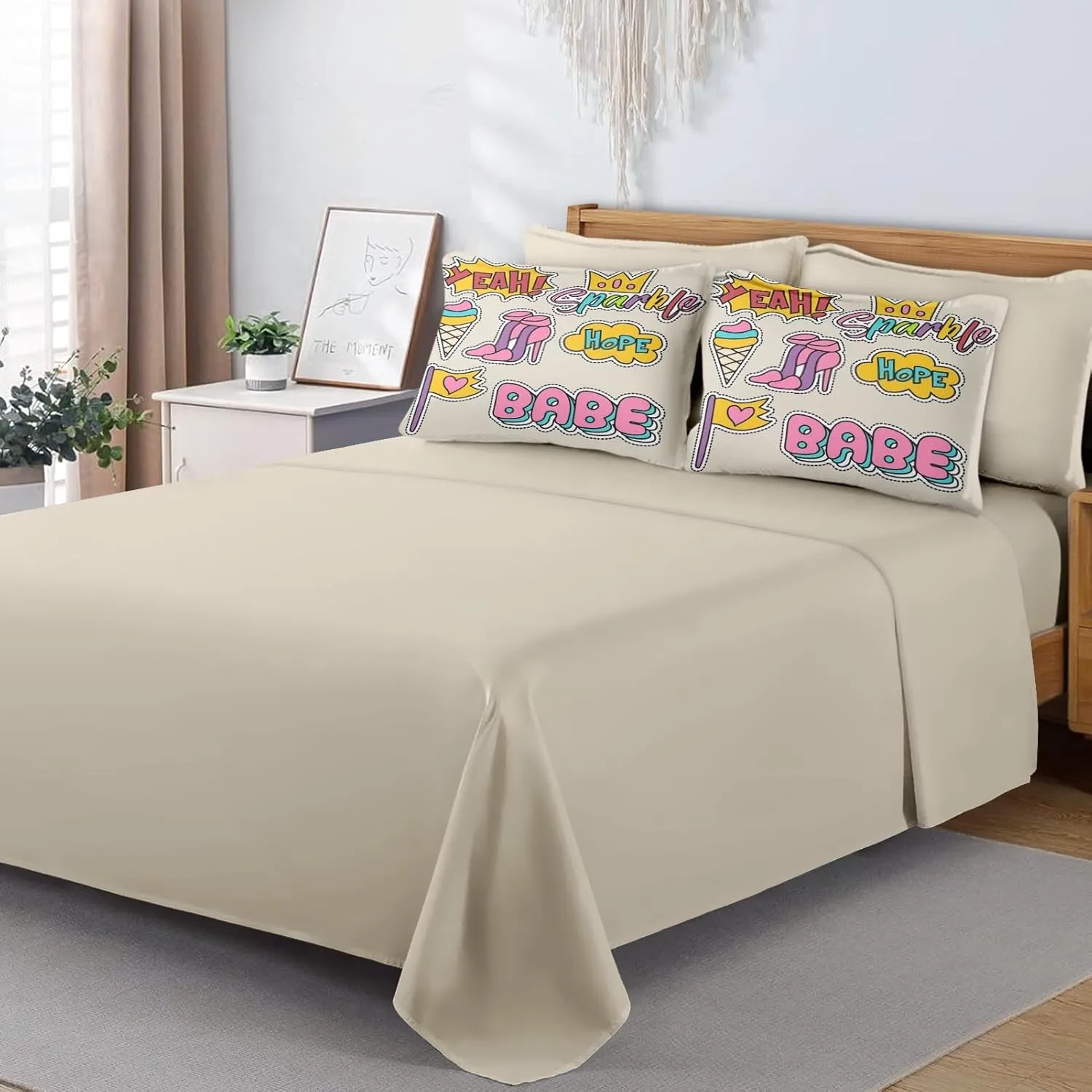 7 Pcs Comforter Set Queen Size, Cute Love Retro Bed in a Bag with Flat and Fitted Sheet for Kids and Adults, Happy Diamond Rainbow Bedding Set with 2 Pillowcases & 2 Shams