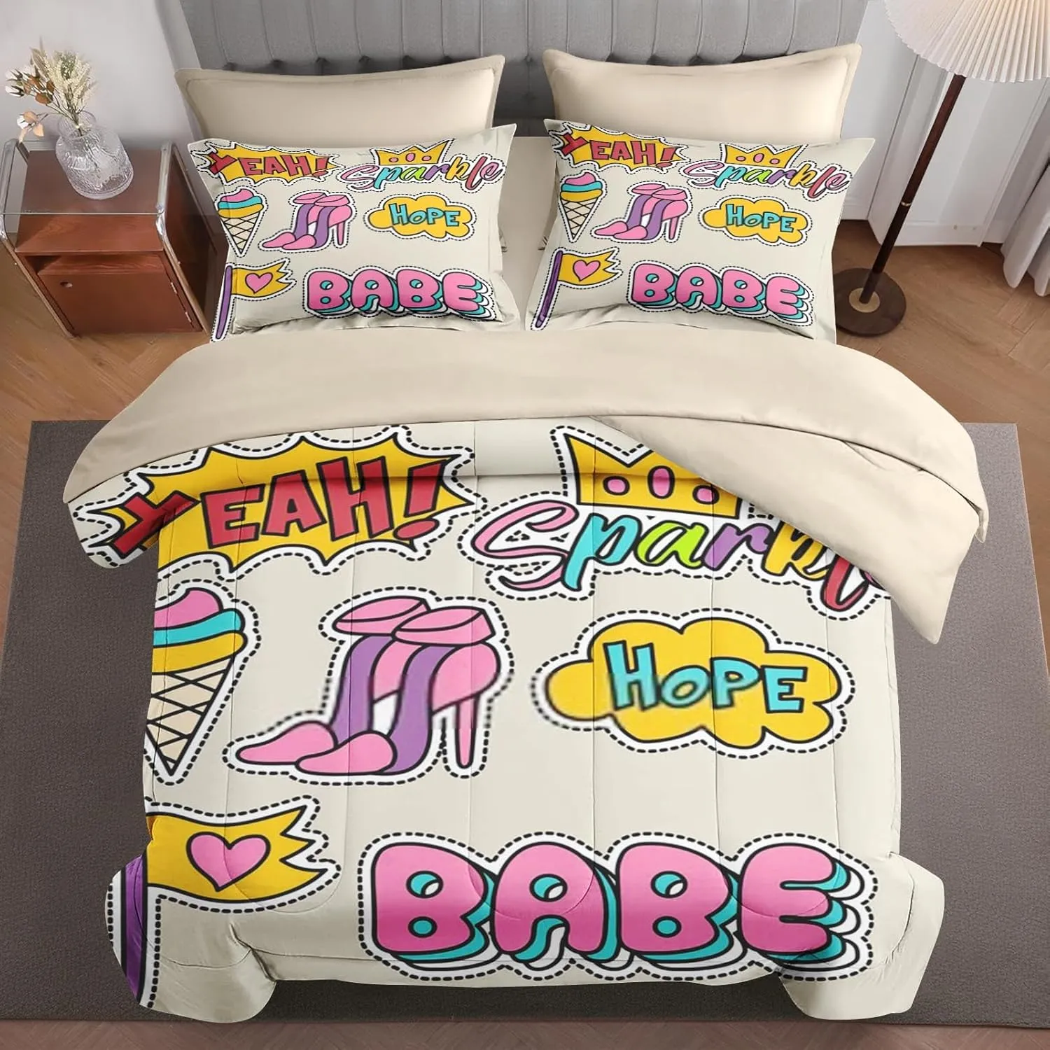 7 Pcs Comforter Set Queen Size, Cute Love Retro Bed in a Bag with Flat and Fitted Sheet for Kids and Adults, Happy Diamond Rainbow Bedding Set with 2 Pillowcases & 2 Shams
