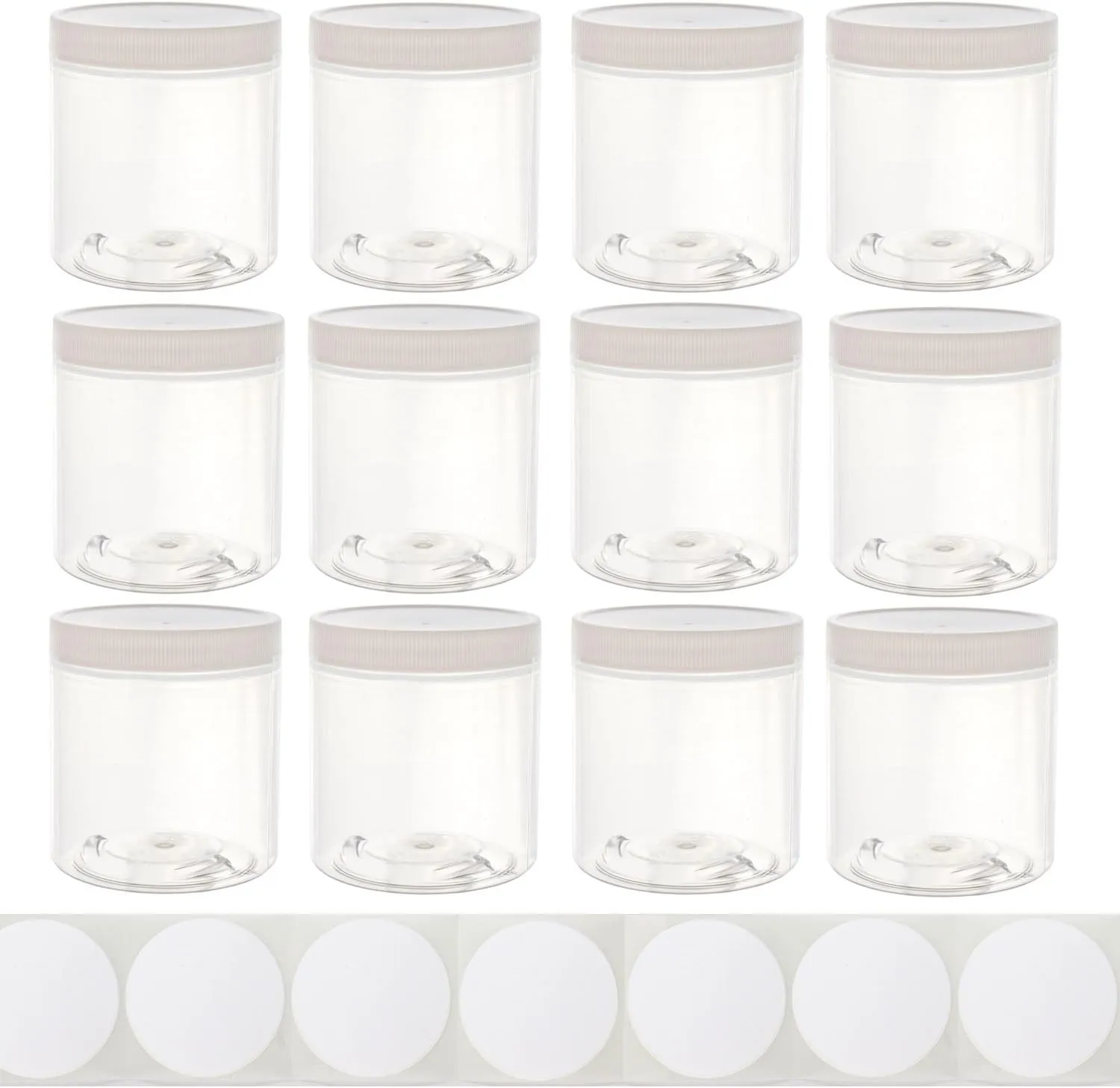 8oz Plastic Wide-Mouth Storage Jars (12 pack) - Large straight-sided clear empty refillable food-grade BPA-free PET containers with white screw-on lids - 70mm 70-400 70/400 Made in the USA