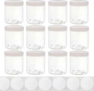 8oz Plastic Wide-Mouth Storage Jars (12 pack) - Large straight-sided clear empty refillable food-grade BPA-free PET containers with white screw-on lids - 70mm 70-400 70/400 Made in the USA