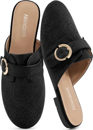 Ablanczoom Mules for Women Flat Shoes: Comfortable Slip On Suede Dressy Buckle Closed Toe Backless Womens Mule 2025