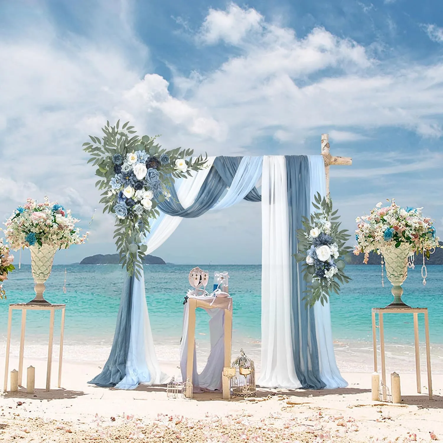 Artificial Wedding Arch Flowers with Drape Kit (Pack of 5) - 2pcs Flower Swag with 3pcs Draping Fabric for Wedding Ceremony Arbor and Reception Backdrop Decoration(Dusty Blue)