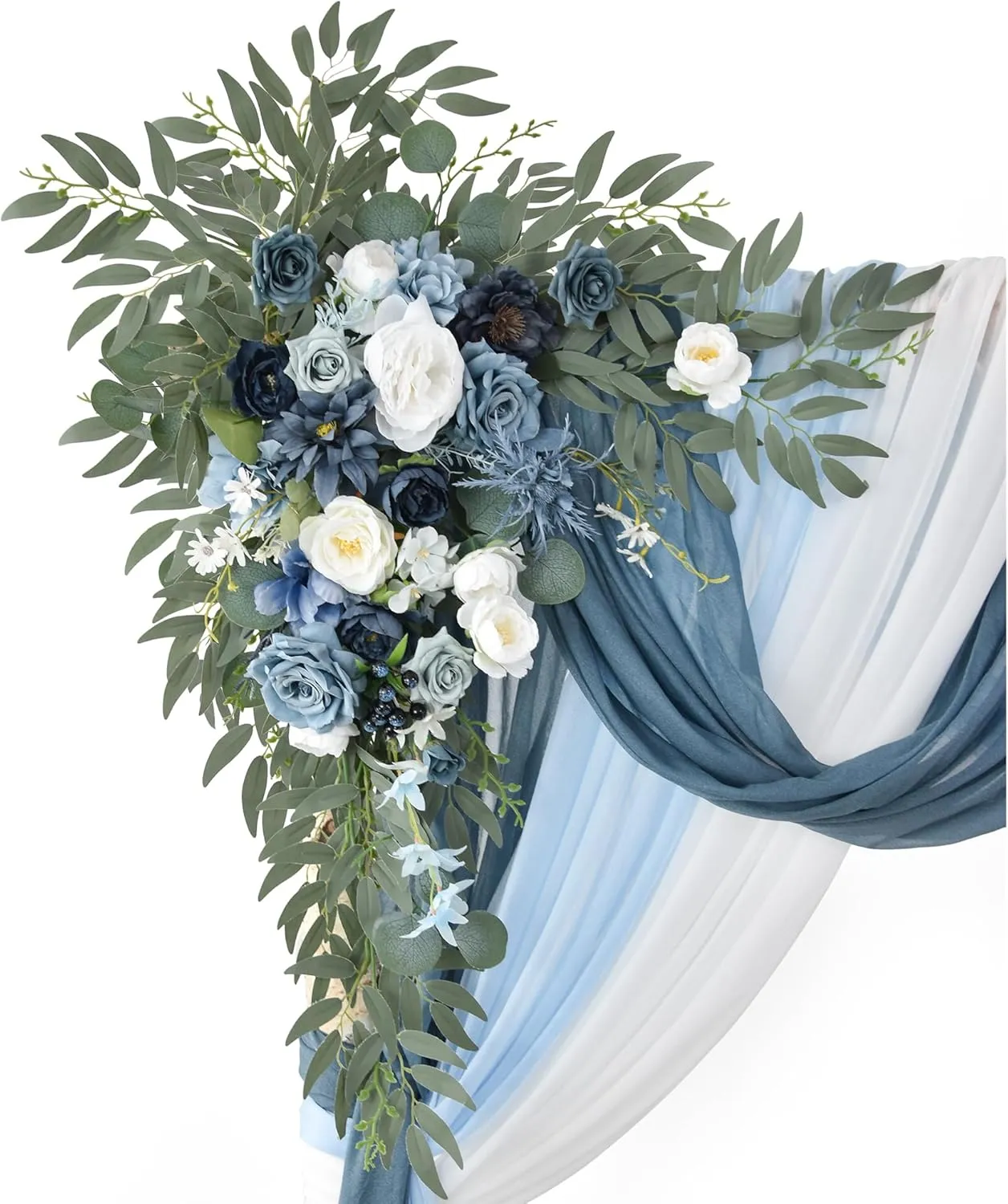 Artificial Wedding Arch Flowers with Drape Kit (Pack of 5) - 2pcs Flower Swag with 3pcs Draping Fabric for Wedding Ceremony Arbor and Reception Backdrop Decoration(Dusty Blue)