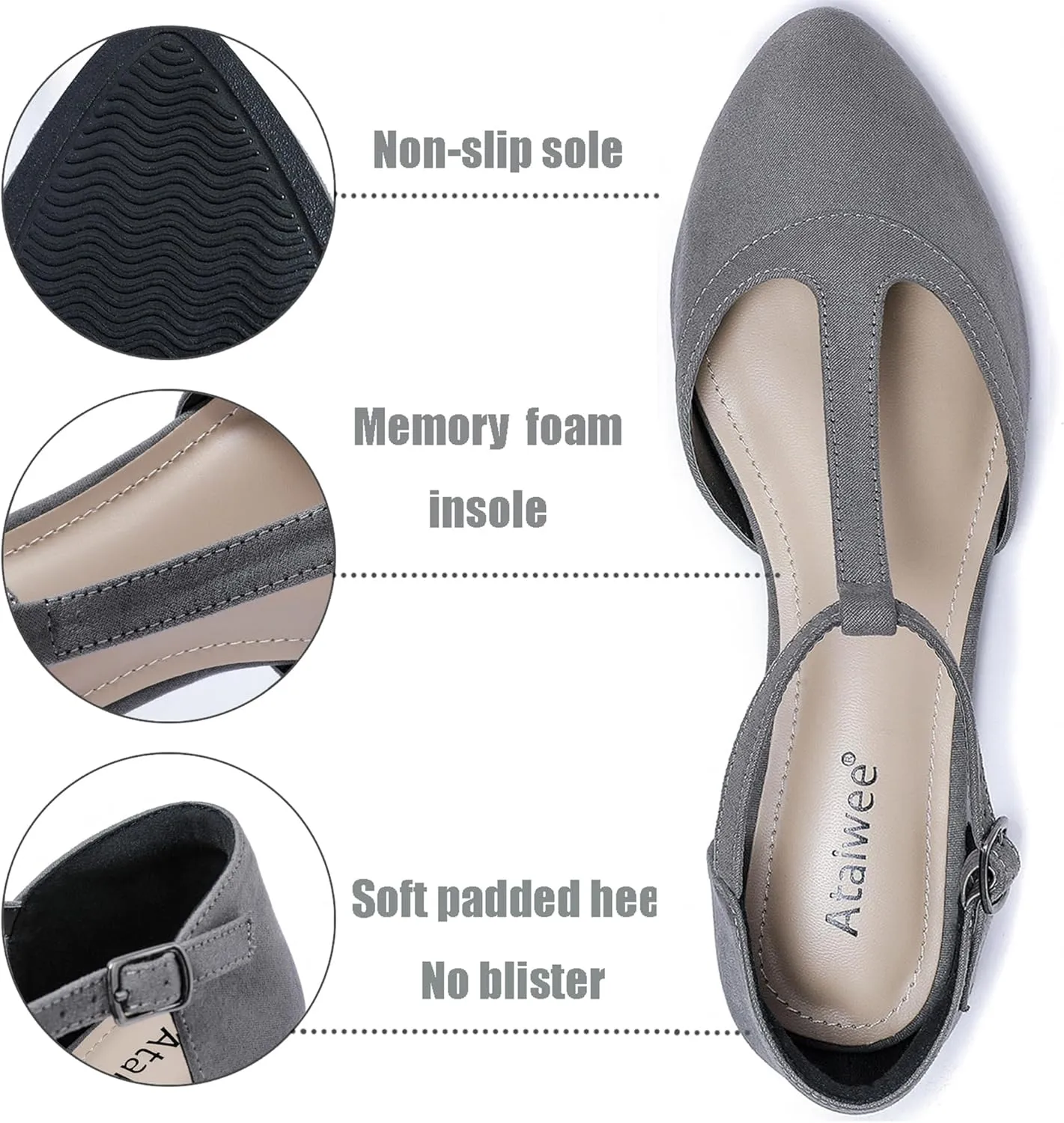 Ataiwee Women's Wide Flat Shoes - Pointed Ladies T-Strap Adjustable Summer Shoes.