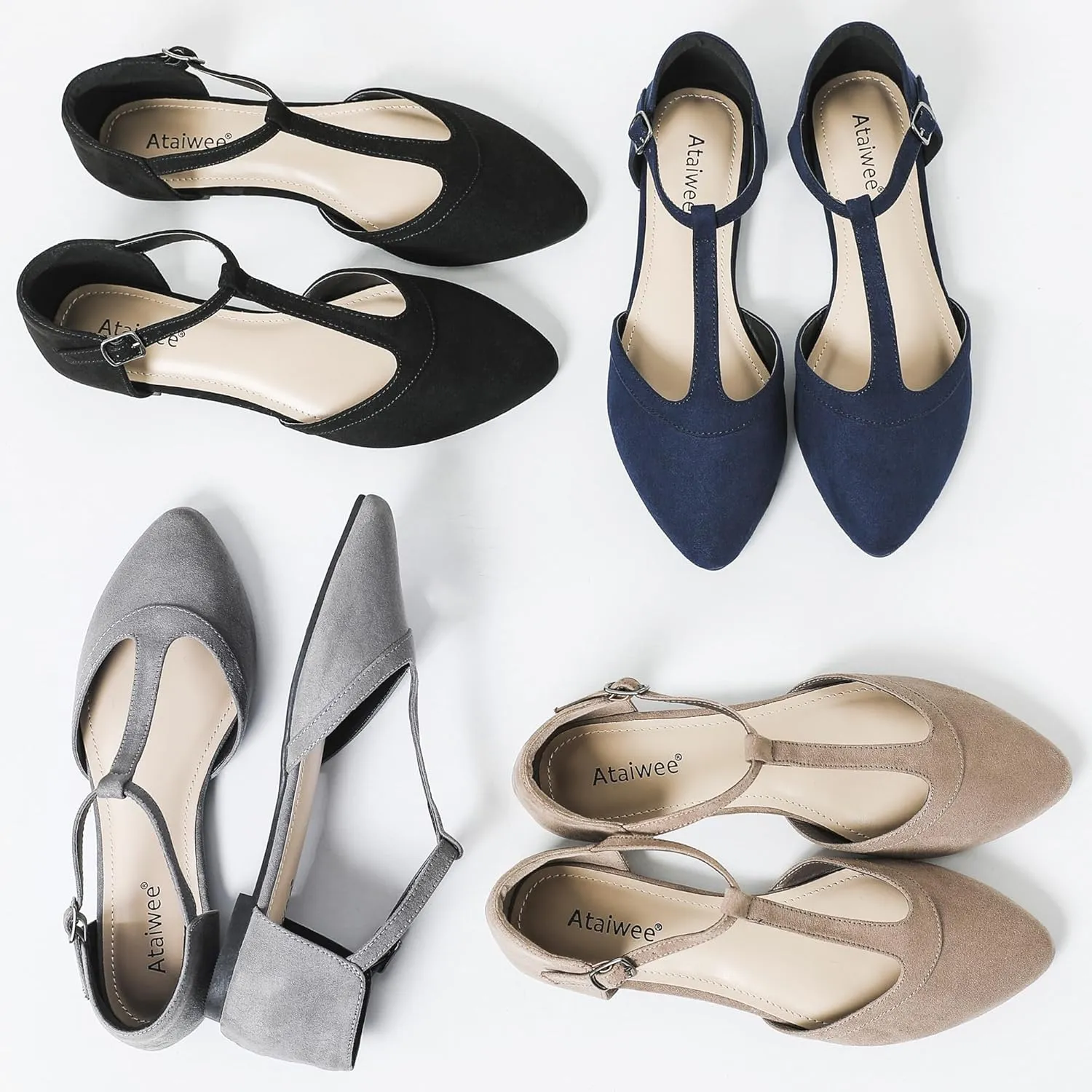 Ataiwee Women's Wide Flat Shoes - Pointed Ladies T-Strap Adjustable Summer Shoes.