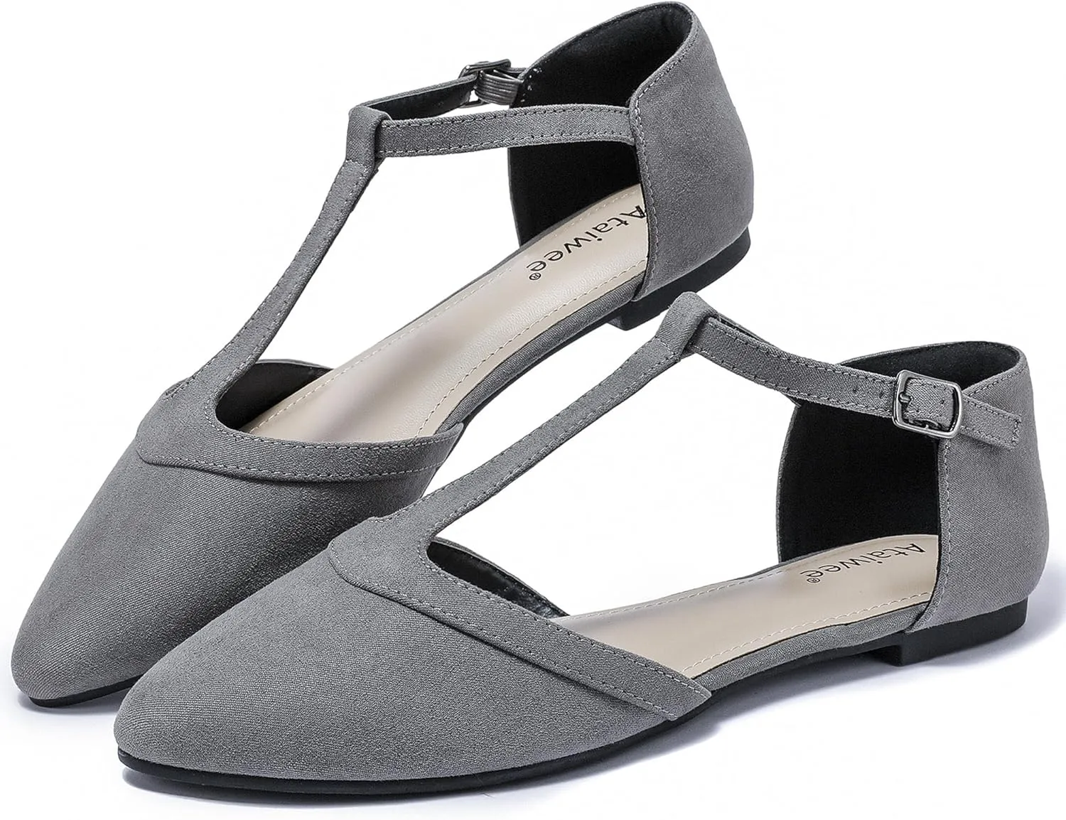Ataiwee Women's Wide Flat Shoes - Pointed Ladies T-Strap Adjustable Summer Shoes.