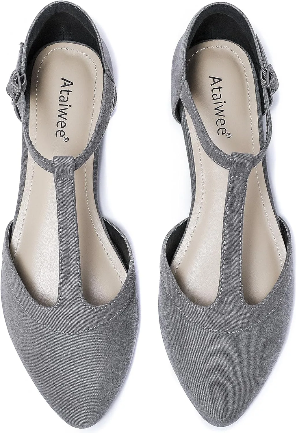 Ataiwee Women's Wide Flat Shoes - Pointed Ladies T-Strap Adjustable Summer Shoes.