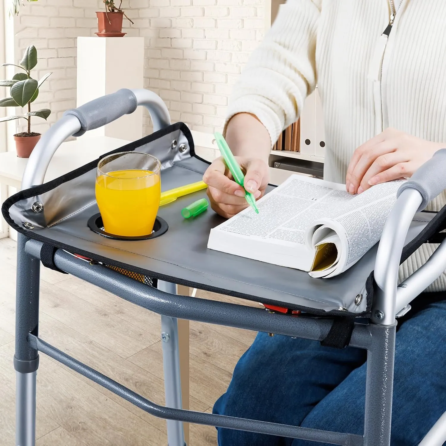 BAGSFY Walker Tray for Folding Walkers with Cup Holder – Hard Tray Table for Seniors,Easy Install, Universal Fit Walker Accessory for Meals, Drinks, Reading, Laptop