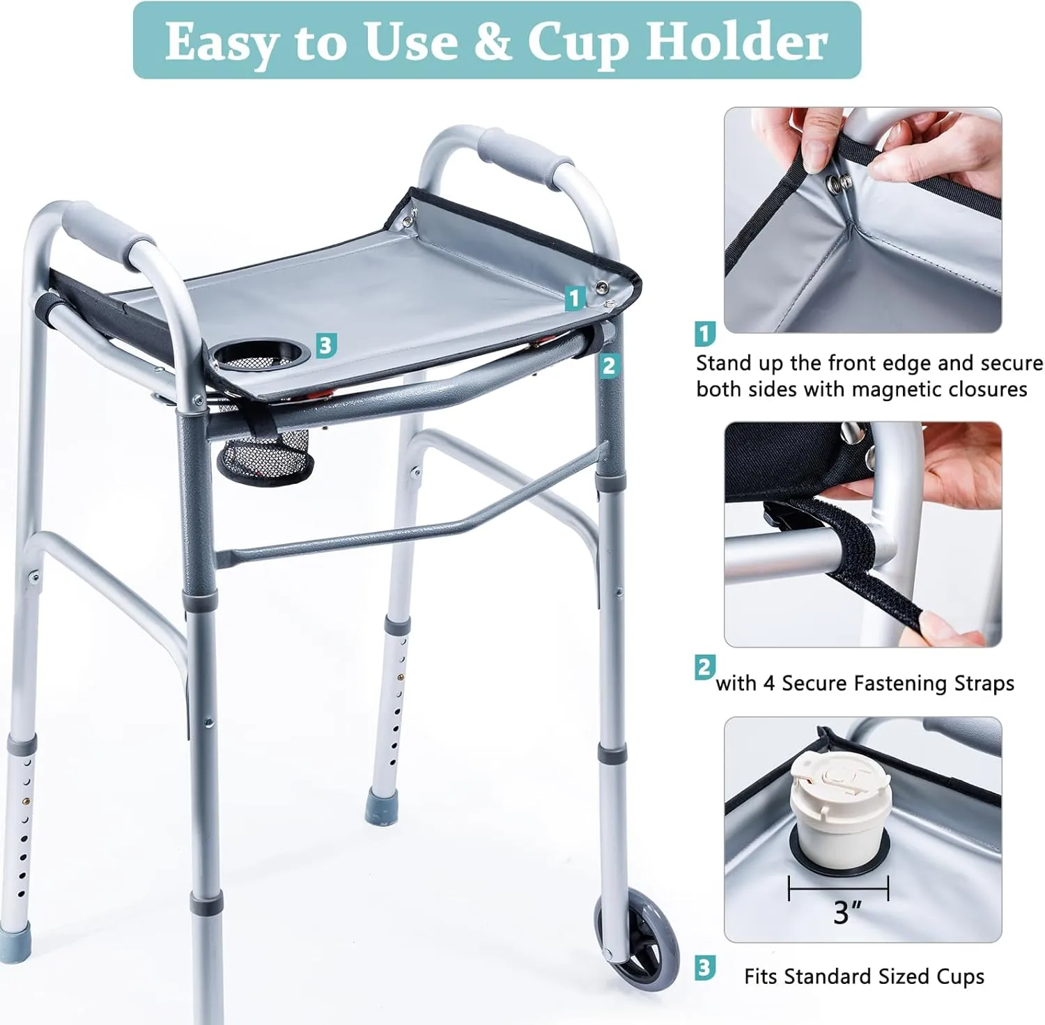 BAGSFY Walker Tray for Folding Walkers with Cup Holder – Hard Tray Table for Seniors,Easy Install, Universal Fit Walker Accessory for Meals, Drinks, Reading, Laptop