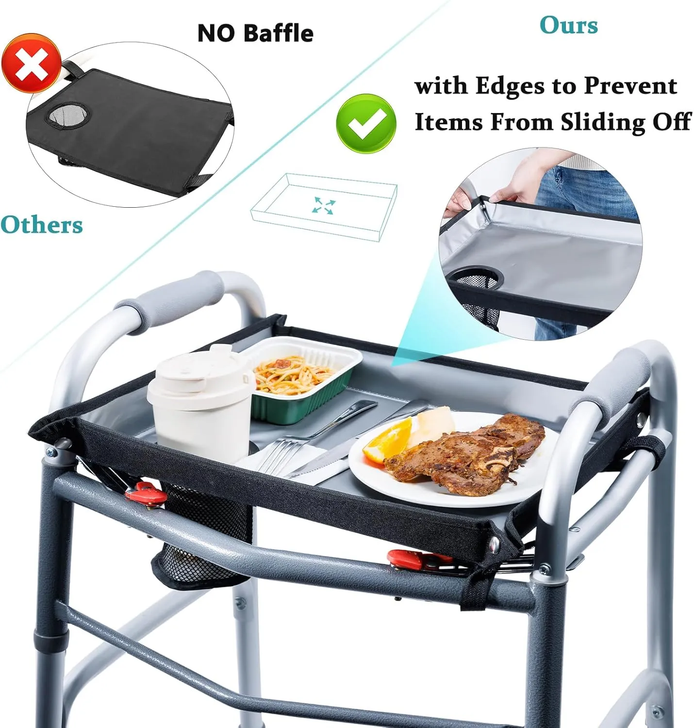 BAGSFY Walker Tray for Folding Walkers with Cup Holder – Hard Tray Table for Seniors,Easy Install, Universal Fit Walker Accessory for Meals, Drinks, Reading, Laptop