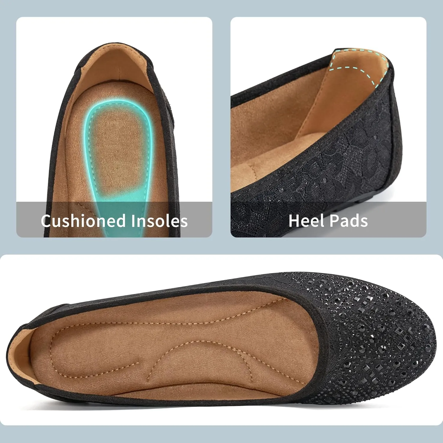 Ballet Flats for Women Dressy : Comfortable Dress Rhinestone Lace Wedding Flat - Ladies Slip On Walking Office Shoes