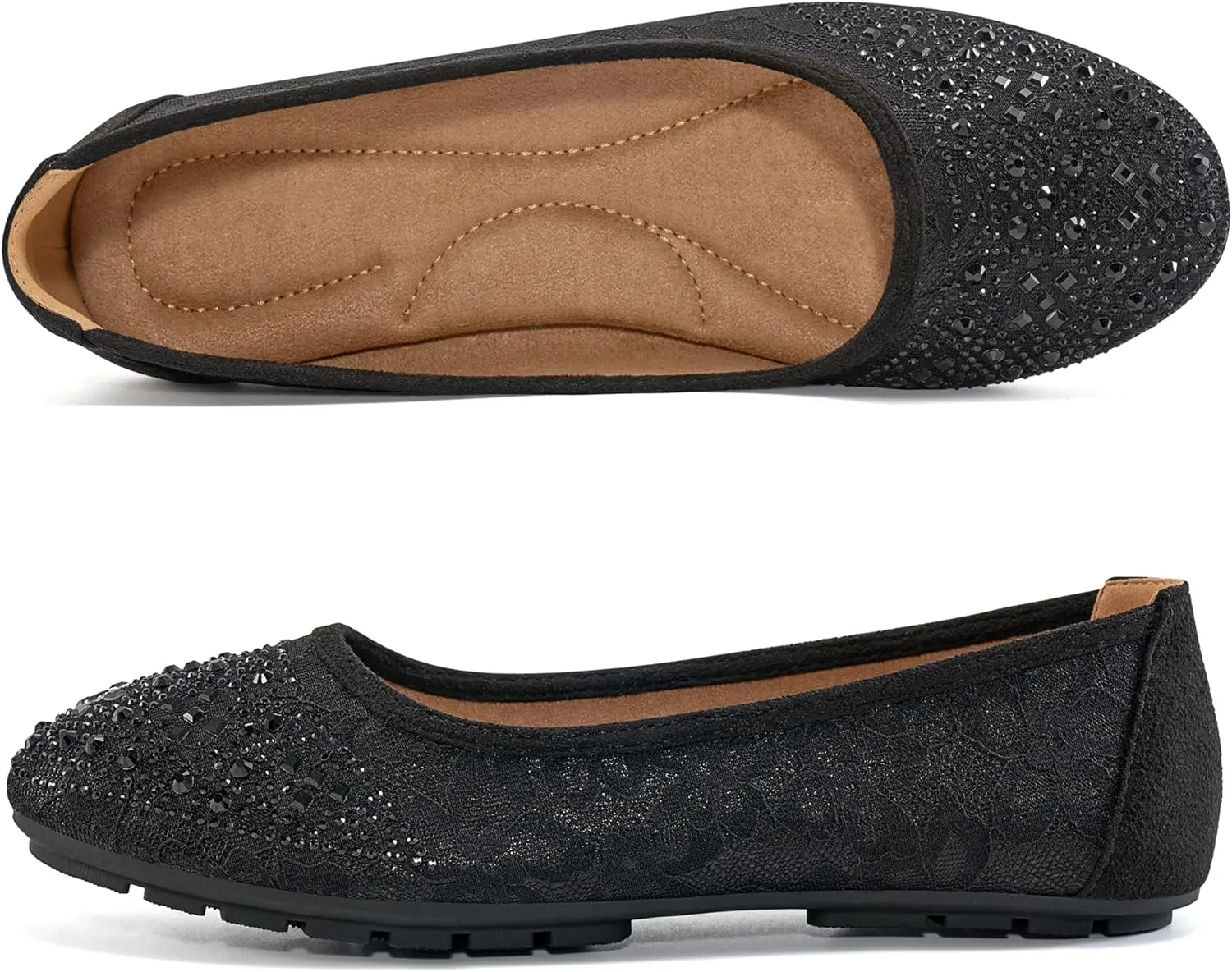 Ballet Flats for Women Dressy : Comfortable Dress Rhinestone Lace Wedding Flat - Ladies Slip On Walking Office Shoes