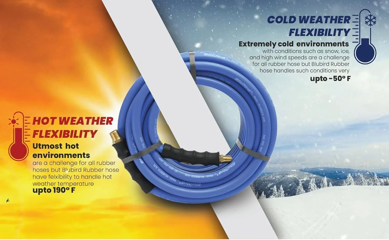 BLUBIRD BB38100 3/8" x 100' Rubber Air Hose, 100% Rubber, Lightest, Strongest, Most Flexible, 300 PSI, 50F to 190F Degrees, Ozone Resistant, High Strength Polyester Braided