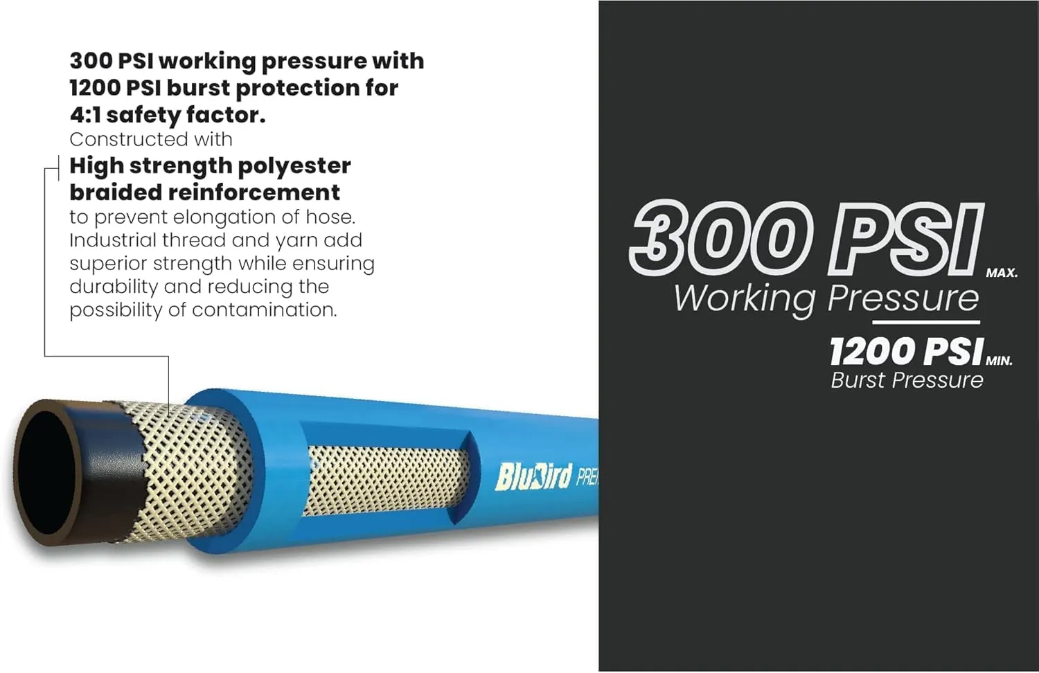 BLUBIRD BB38100 3/8" x 100' Rubber Air Hose, 100% Rubber, Lightest, Strongest, Most Flexible, 300 PSI, 50F to 190F Degrees, Ozone Resistant, High Strength Polyester Braided