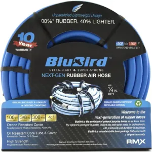 BLUBIRD BB38100 3/8" x 100' Rubber Air Hose, 100% Rubber, Lightest, Strongest, Most Flexible, 300 PSI, 50F to 190F Degrees, Ozone Resistant, High Strength Polyester Braided