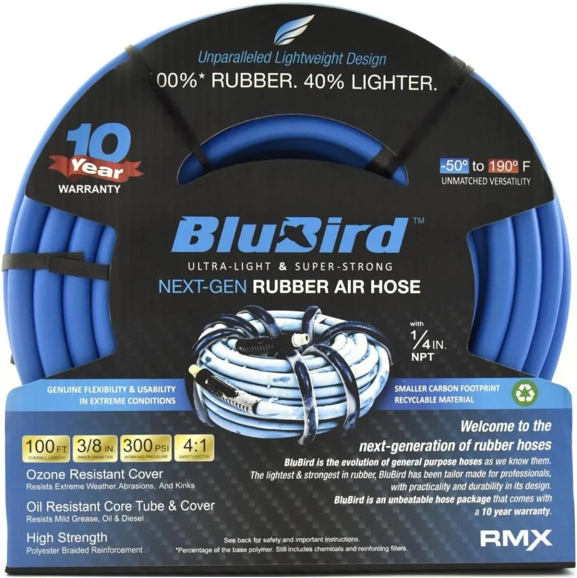 BLUBIRD BB38100 3/8" x 100' Rubber Air Hose, 100% Rubber, Lightest, Strongest, Most Flexible, 300 PSI, 50F to 190F Degrees, Ozone Resistant, High Strength Polyester Braided