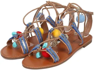Breckelle's Women Mixed Media Dangling Charms and Pom Pom Gladiator Sandal HJ36