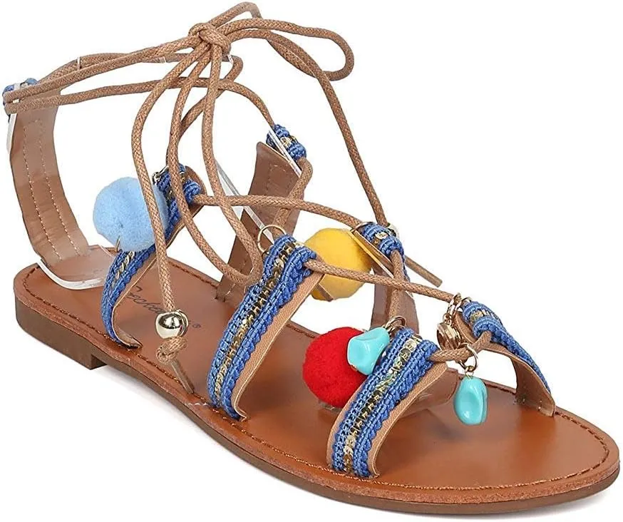 Breckelle's Women Mixed Media Dangling Charms and Pom Pom Gladiator Sandal HJ36