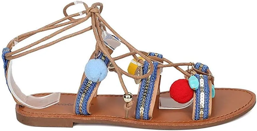Breckelle's Women Mixed Media Dangling Charms and Pom Pom Gladiator Sandal HJ36