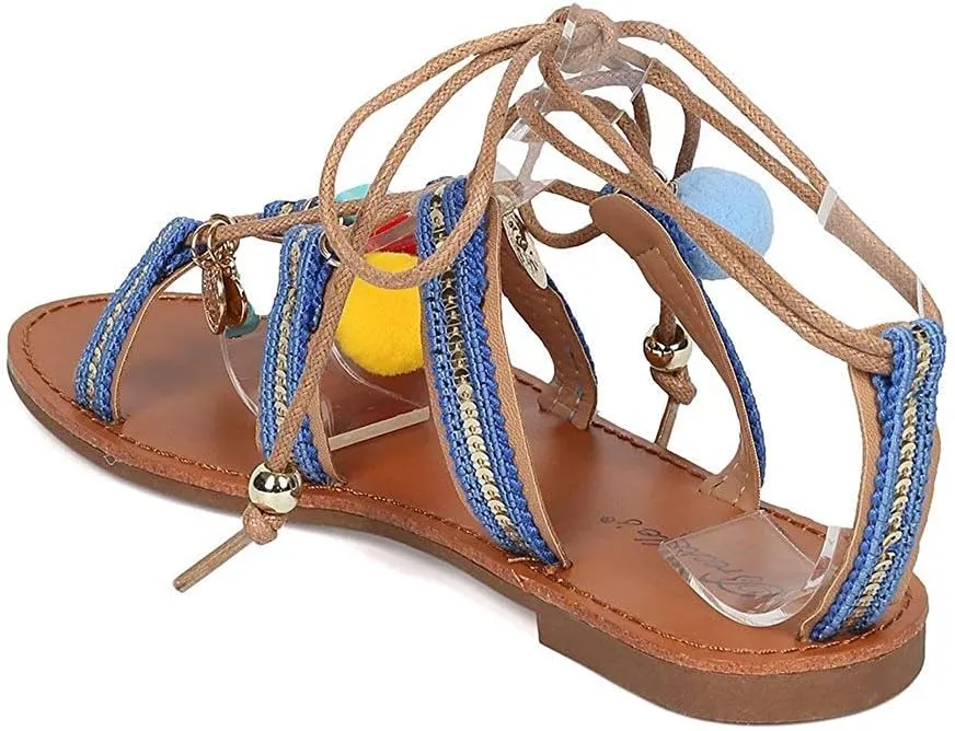 Breckelle's Women Mixed Media Dangling Charms and Pom Pom Gladiator Sandal HJ36