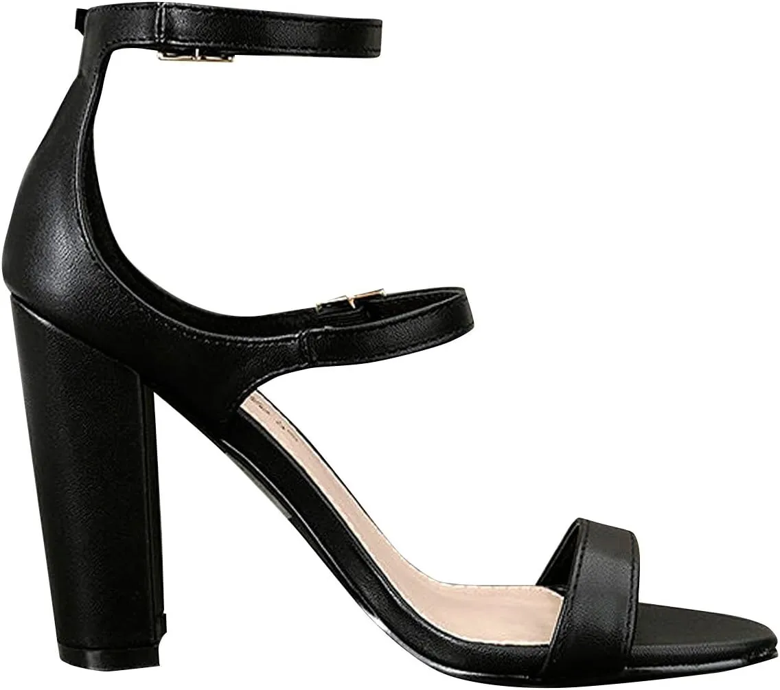 Breckelle's Women Open Toe Triple Buckle Strap Mary Jane Chunky High Heel Pumps Sandal