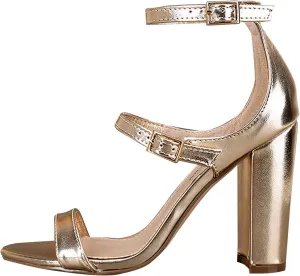 Breckelle's Women Open Toe Triple Buckle Strap Mary Jane Chunky High Heel Pumps Sandal