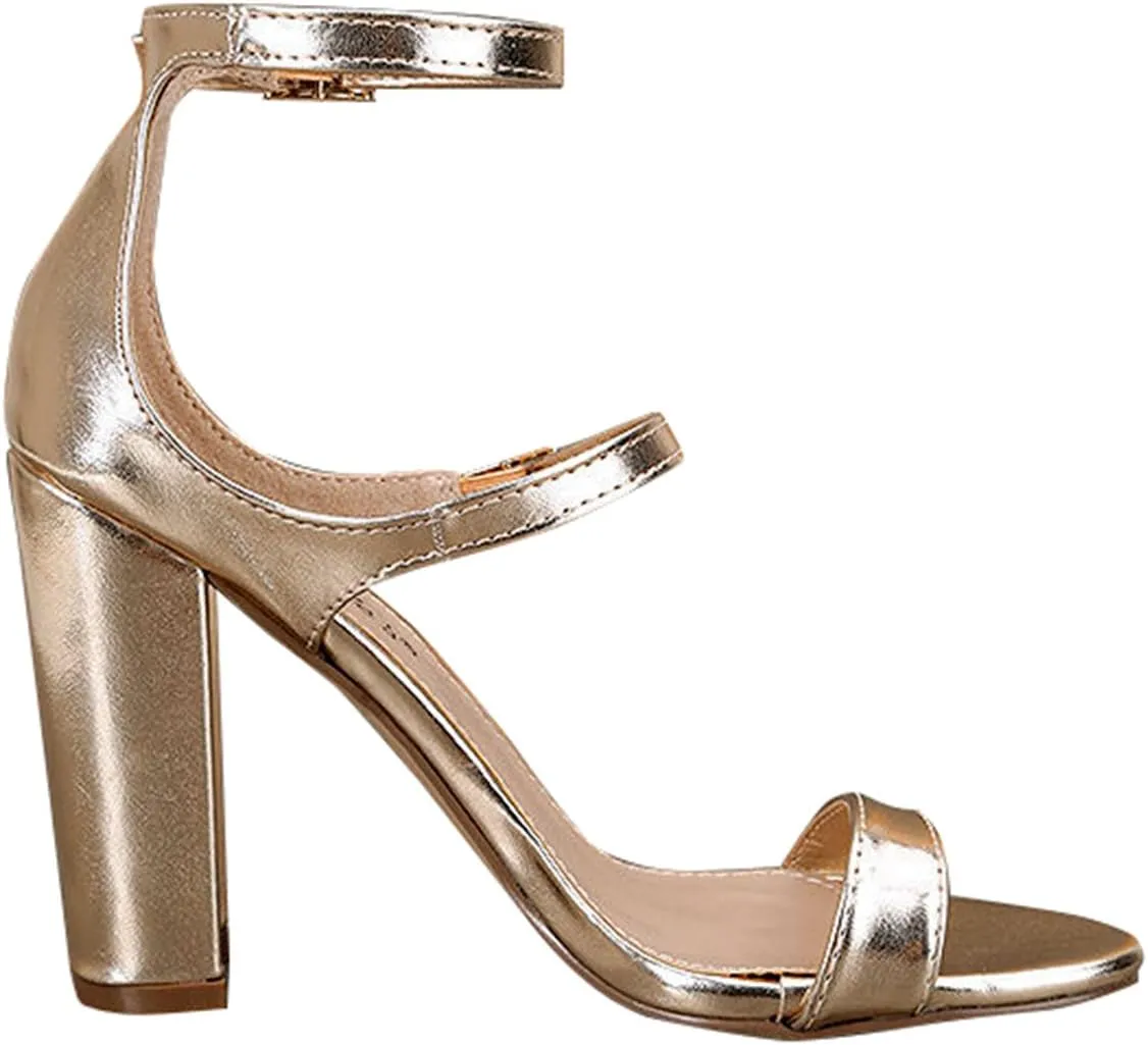 Breckelle's Women Open Toe Triple Buckle Strap Mary Jane Chunky High Heel Pumps Sandal