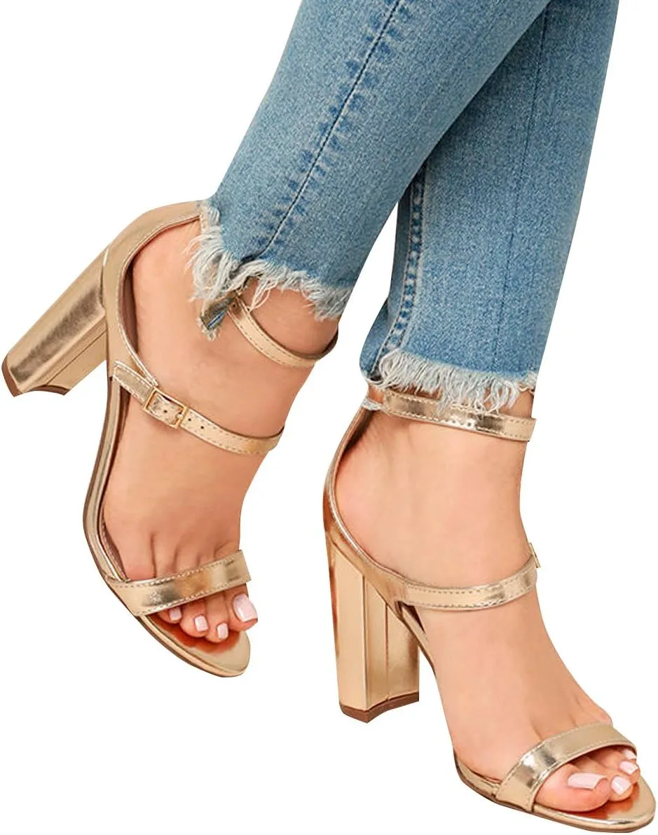 Breckelle's Women Open Toe Triple Buckle Strap Mary Jane Chunky High Heel Pumps Sandal