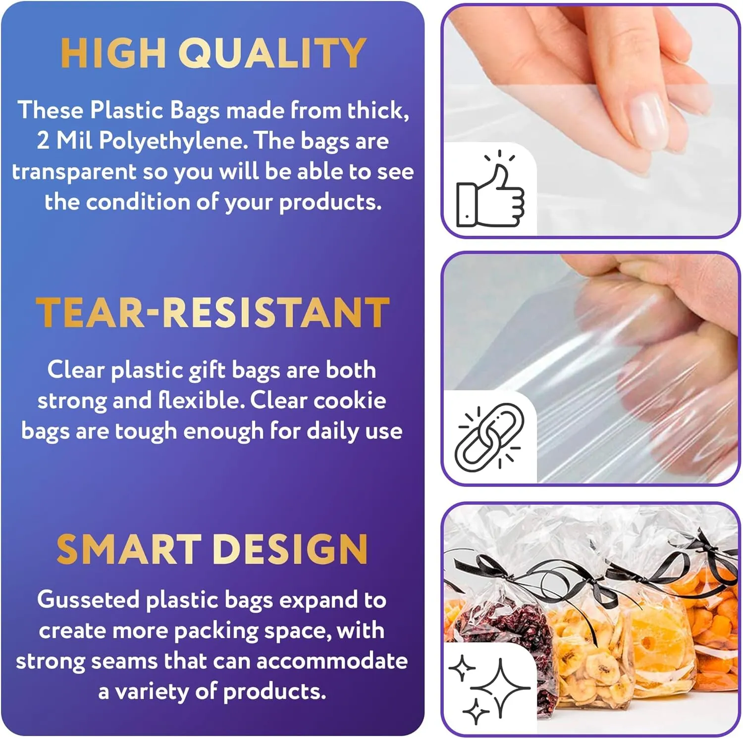 Clear Gusseted Poly Bags, 6 x 3 x 18 Inches. Pack of 100 Side Gusseted Plastic Bags with Open Top. Crystal Clear Baggies for Treats. Tear-Resistant 2 Mil Polyethylene Flat Bottom Bag