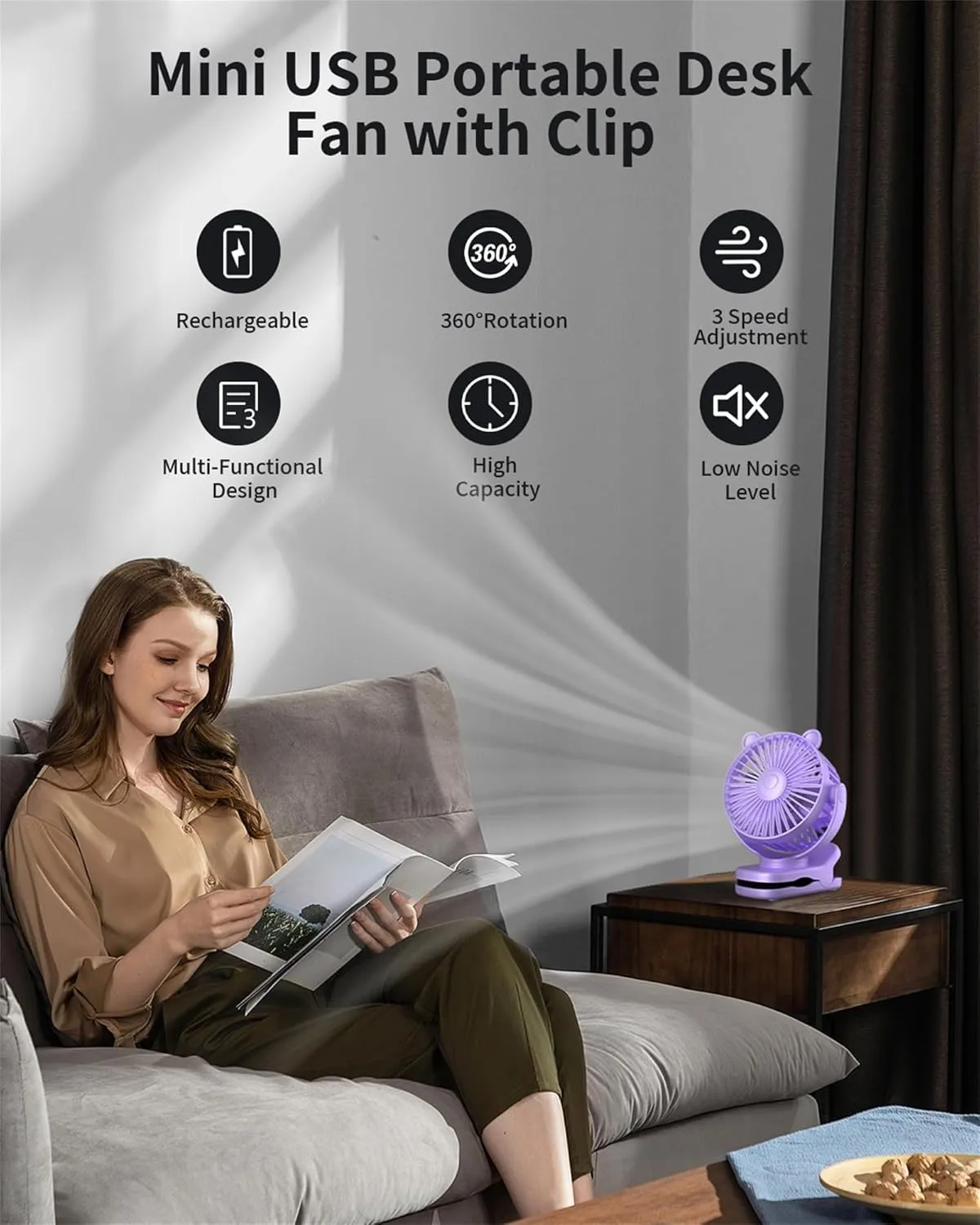 Clip on Fan, Rechargeable Portable Fan with 2000mAh Battery Operated, Stroller Fan with Powerful Clip Design, 3 Wind Speed, 360° Rotation, Ultra-Low Noise Level Personal Fan for Travel