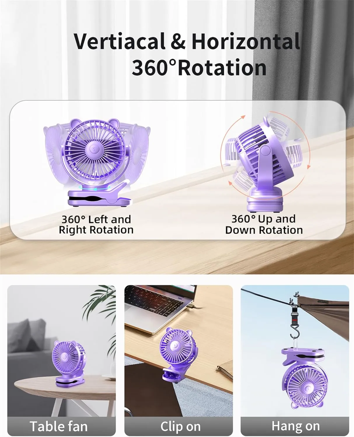 Clip on Fan, Rechargeable Portable Fan with 2000mAh Battery Operated, Stroller Fan with Powerful Clip Design, 3 Wind Speed, 360° Rotation, Ultra-Low Noise Level Personal Fan for Travel