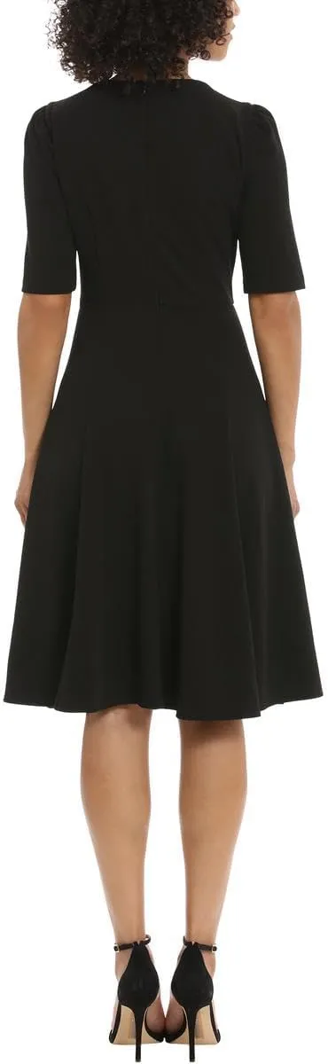 Donna Morgan Women's Dresses Stretch Crepe Elbow Sleeve V-Neck Fit and Flare Midi Dress