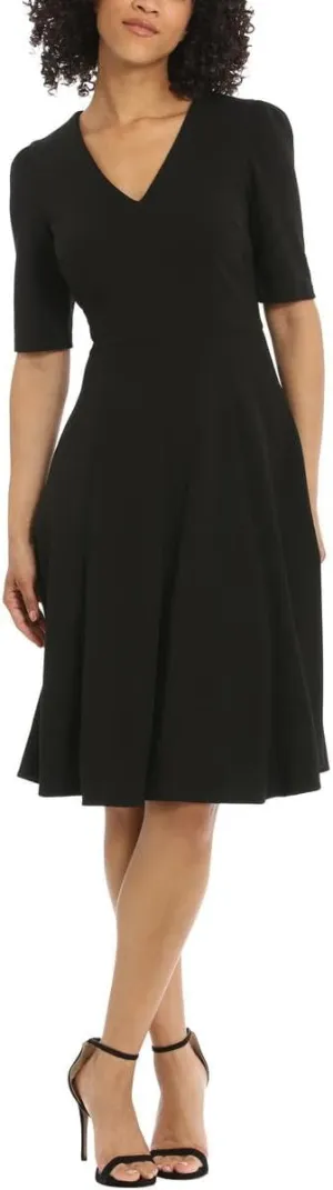 Donna Morgan Women's Dresses Stretch Crepe Elbow Sleeve V-Neck Fit and Flare Midi Dress