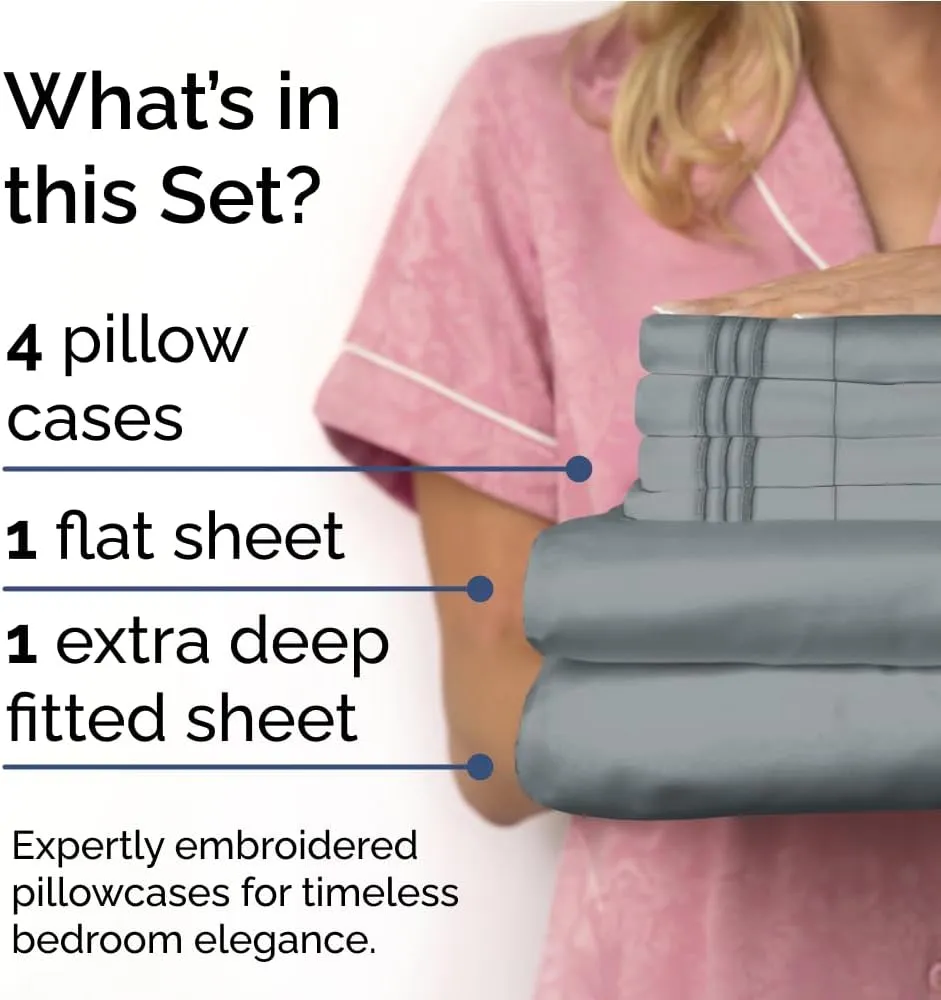 Extra Deep King Sheet Set - 6 Piece Breathable & Cooling Sheets - Hotel Luxury Bedding Set with 18-24 Inch Extra Deep Pockets - Easy Fit - Super Soft, Wrinkle Free and Comfy - Steel Blue, King Size