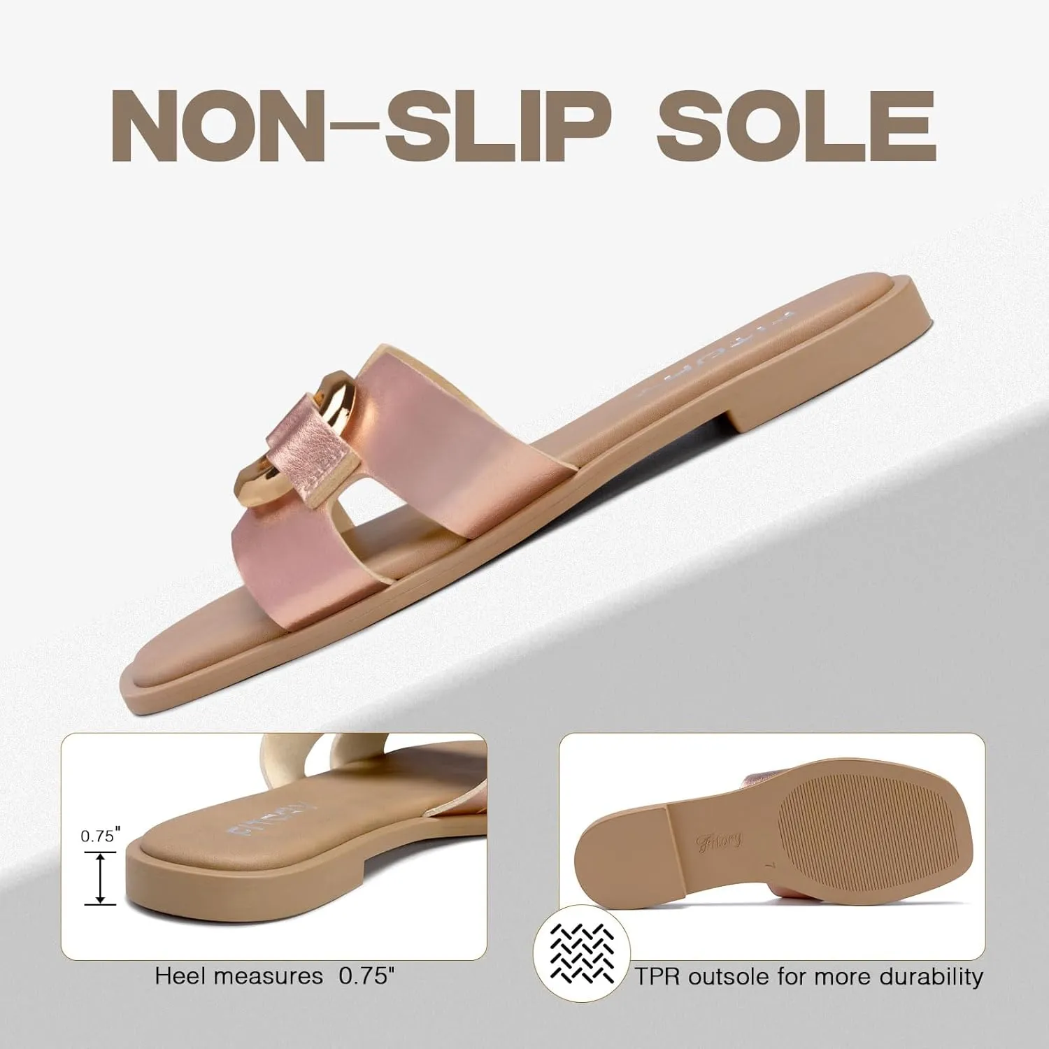 FITORY Women's Flat Sandals Fashion Square Open Toe Slides With Metal Chain Slippers for Summer Size 6-11