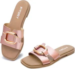 FITORY Women's Flat Sandals Fashion Square Open Toe Slides With Metal Chain Slippers for Summer Size 6-11