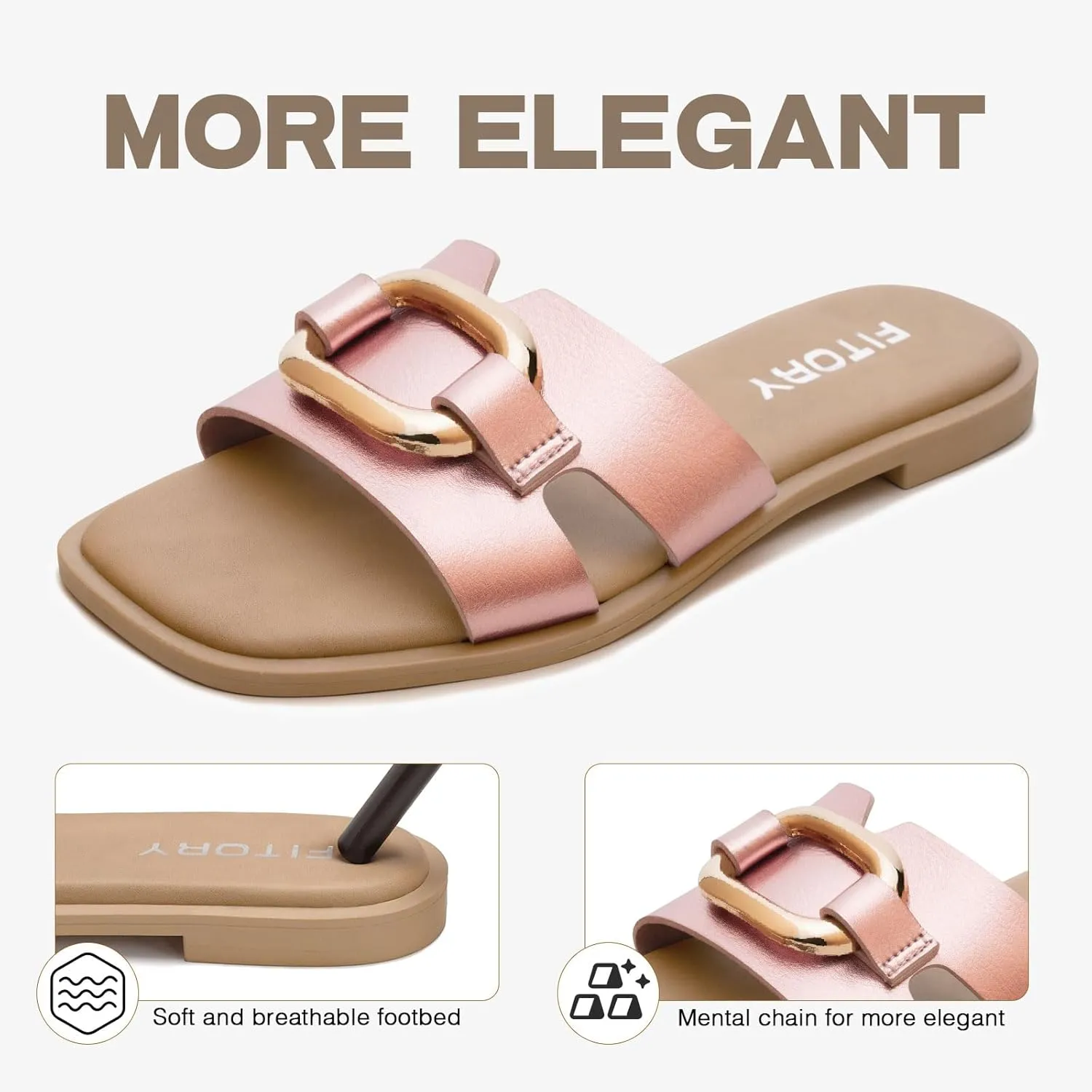 FITORY Women's Flat Sandals Fashion Square Open Toe Slides With Metal Chain Slippers for Summer Size 6-11