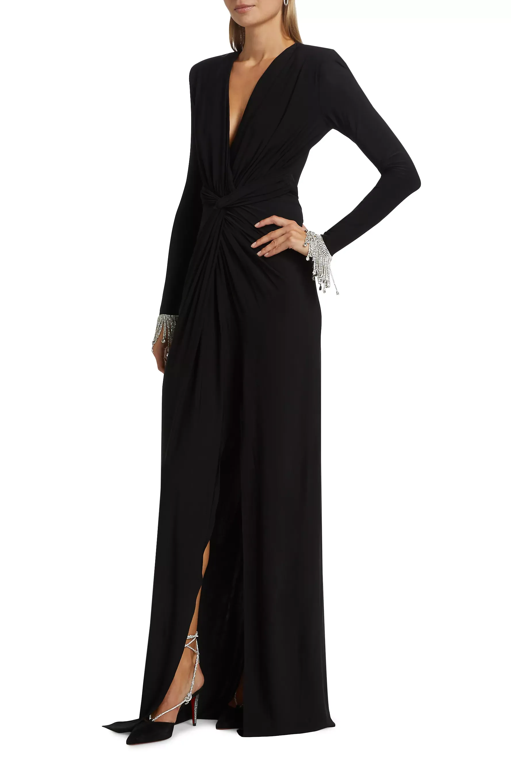 Flexible Dress Sleek Split Rhinestone Midi Jersey