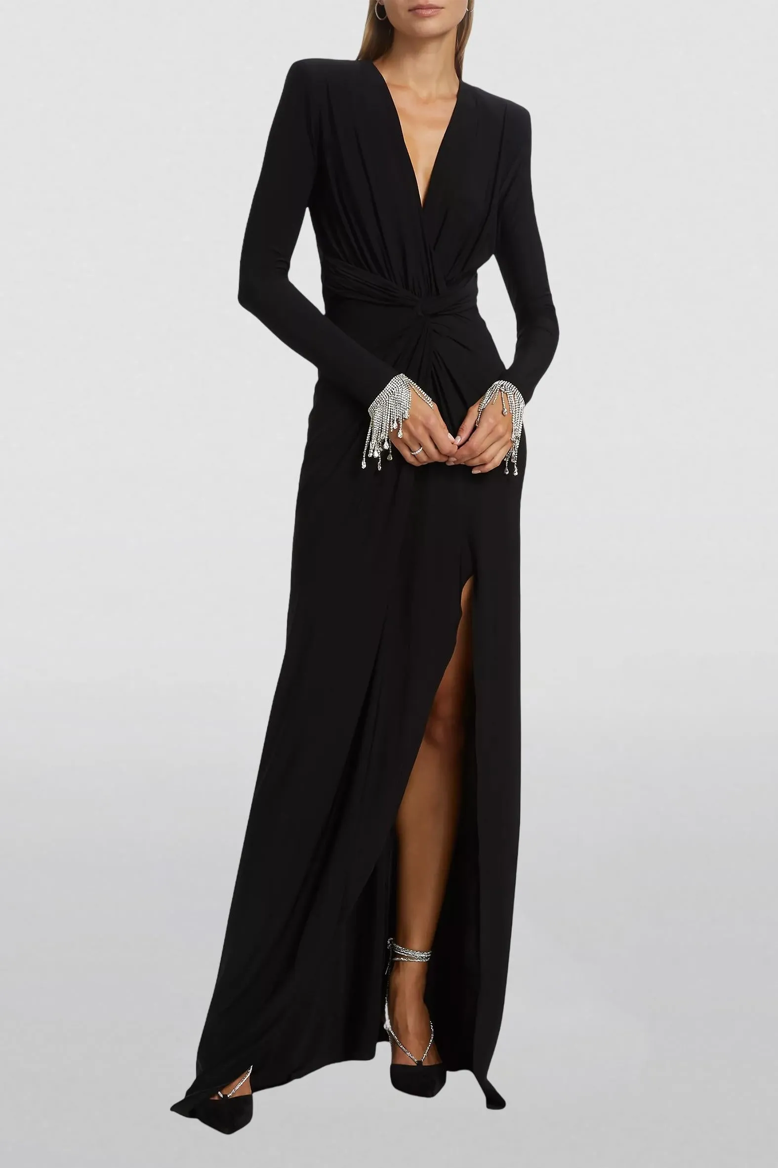 Flexible Dress Sleek Split Rhinestone Midi Jersey