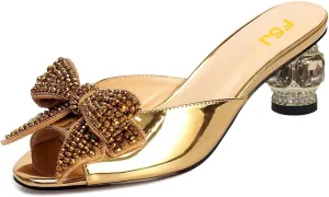 FSJ Women Rhinestone Bow Low Heel Mule Sandals Peep Toe Crystal Block Heel Slipper Shoes for Comfort Wedding Slides Size 4-16 US