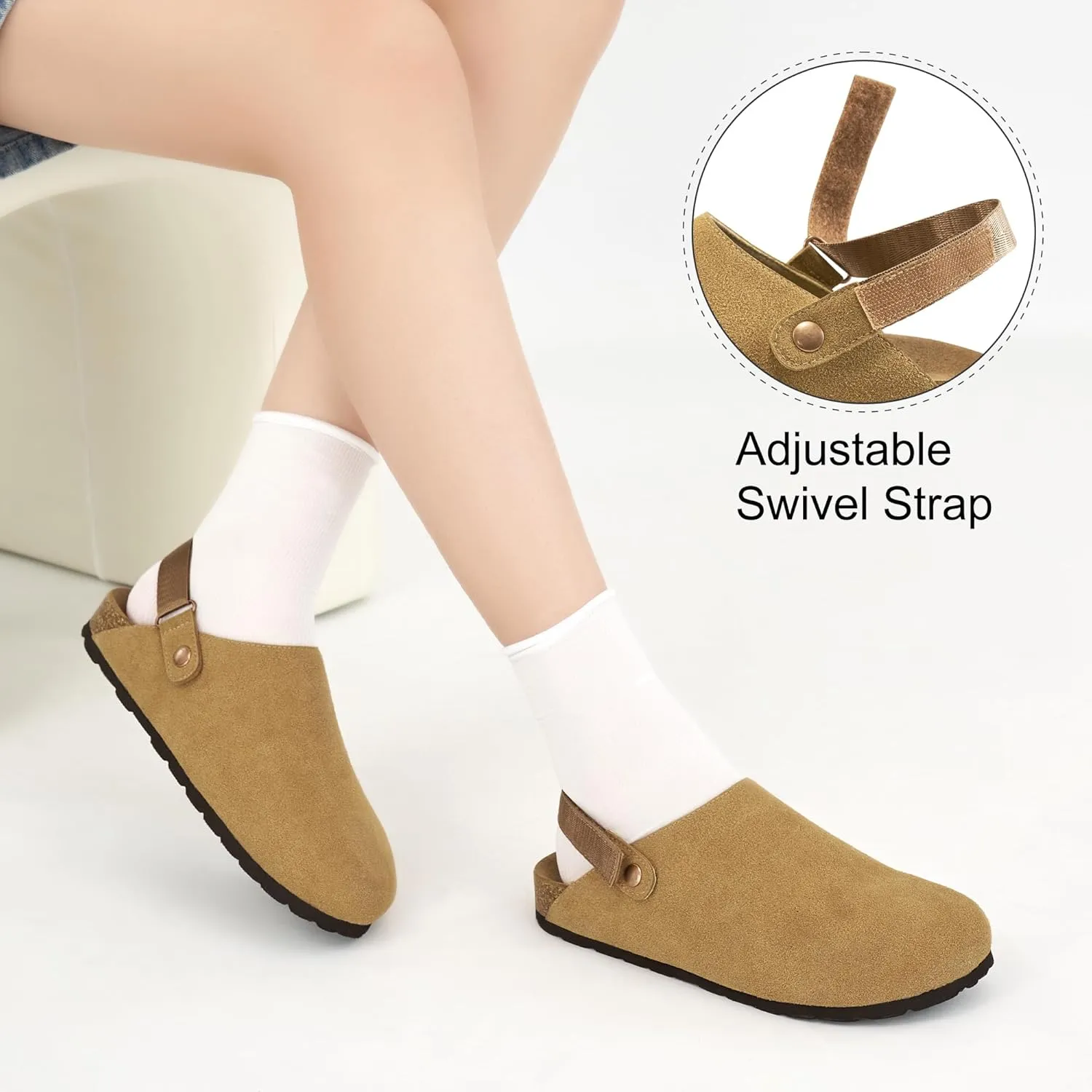 FUDYNMALC Womens Clogs Slip On Shoes: Suede Cork Footbed Mules Women 2025 Potato Slippers with Adjustable Swivel Strap