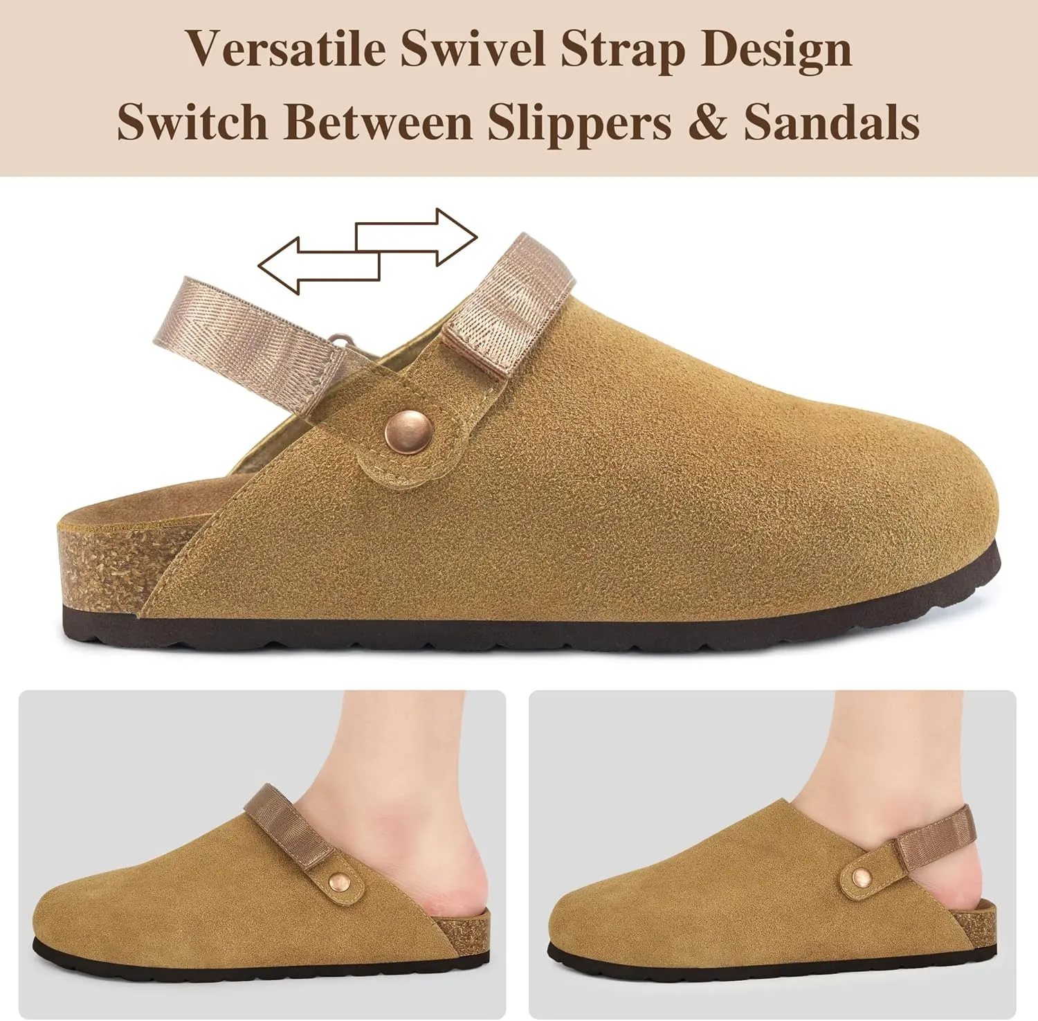 FUDYNMALC Womens Clogs Slip On Shoes: Suede Cork Footbed Mules Women 2025 Potato Slippers with Adjustable Swivel Strap