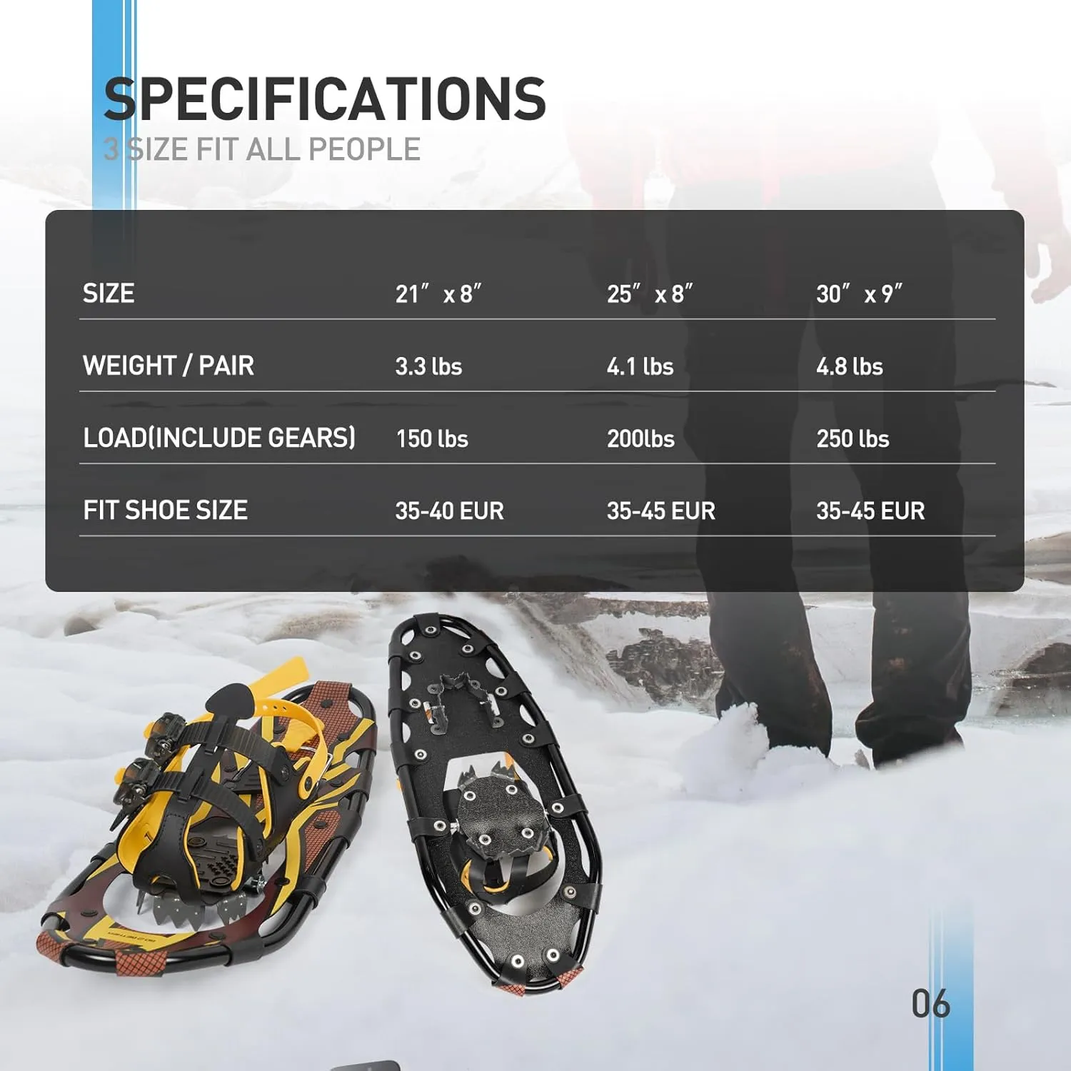 G2 21/25/30/36 Inches Light Weight Snowshoes with Toe Box, EVA Padded Ratchet Binding, Heel Lift, Flexible Pivot Bar, Durable Back Strap, Trekking Poles, Carrying Bag, Snow Baskets(6 colors available)