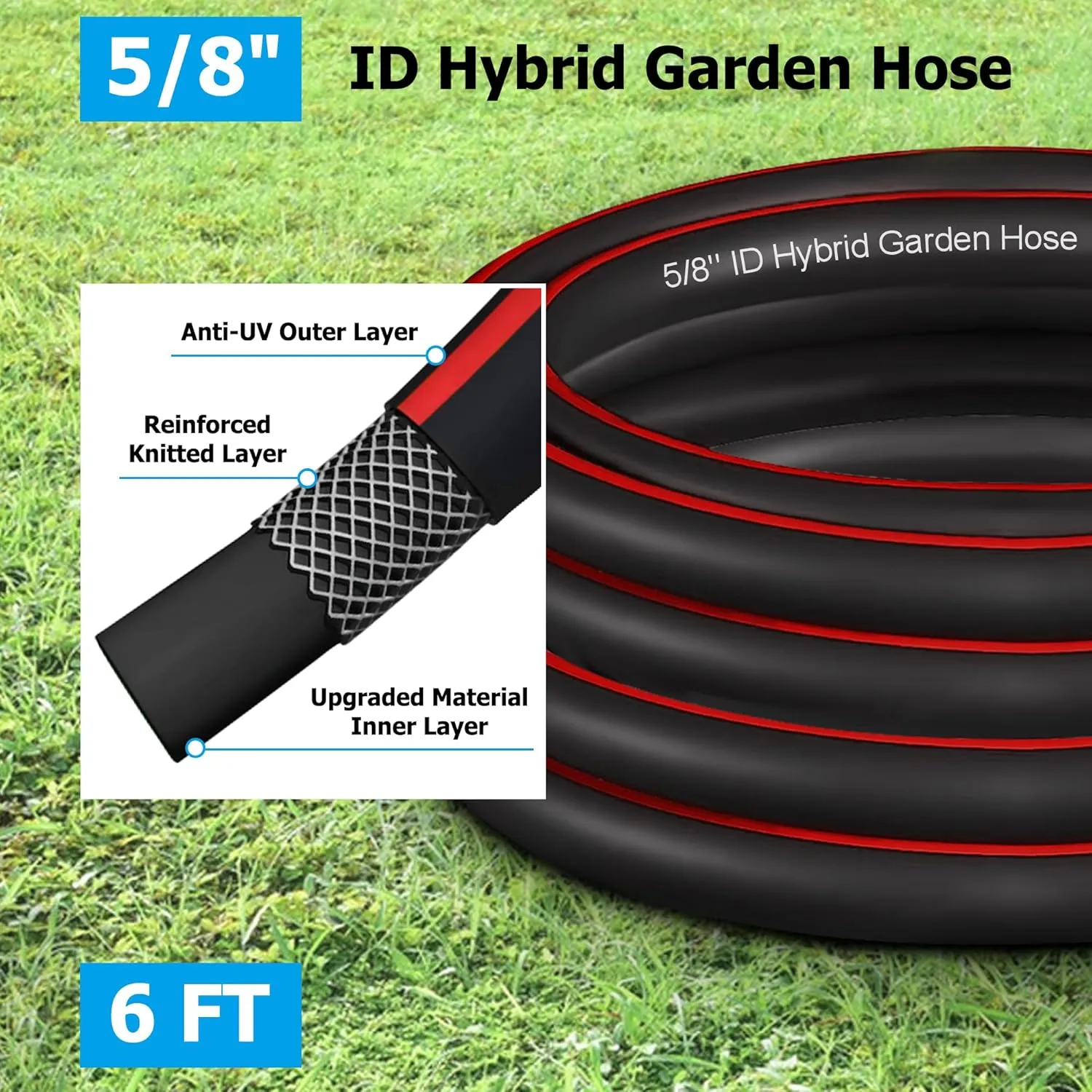 Garden Hose, 5/8"Heavy Duty Kink Resistant Water Hose, Flexible and Lightweight Rubber Hose with Swivel Grip Handle, Hose Male to Female Fittings for Outdoor Car Wash Lawn Yard (6ft)