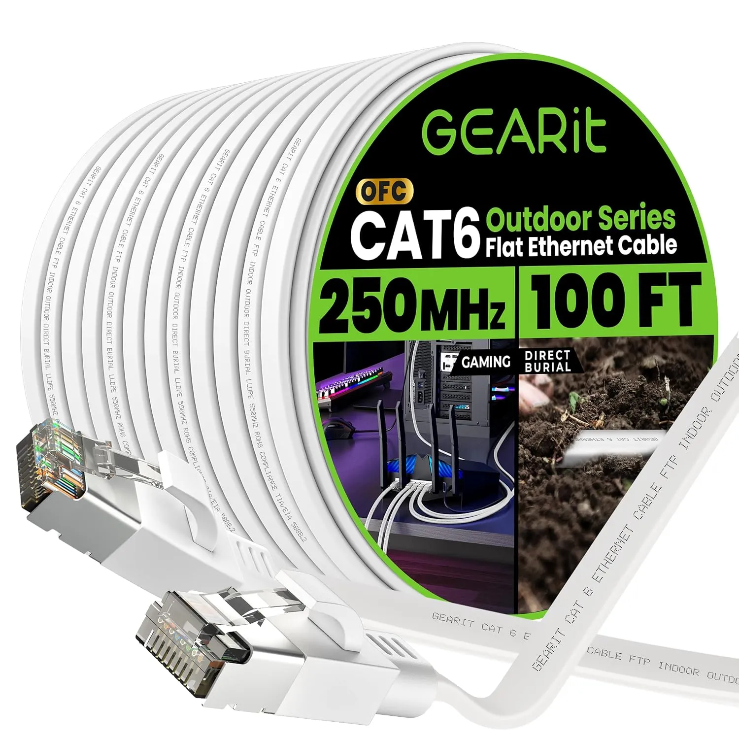 GEARit Cat 6 Outdoor Flat Ethernet Cable (100ft, White) Direct Burial Rated LLDPE Jacket - Indoor Cat6 Shielded FTP 10Gbps High Speed Gaming Computer Network RJ45 Snagless Patch Cord Internet